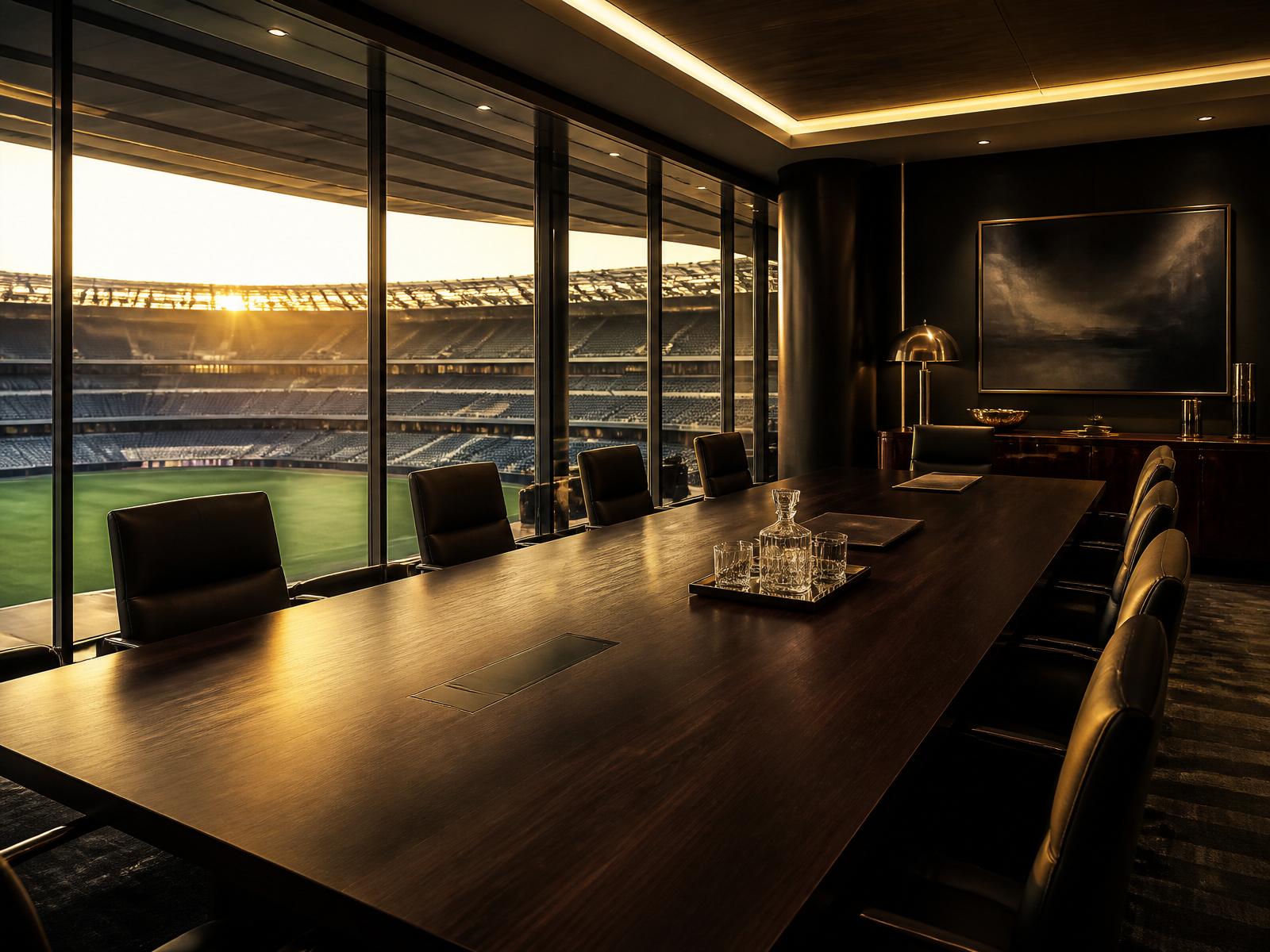 Sports club executives' boardroom overlooking a stadium — representing confidential sports-investment introductions.